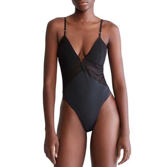 Calvin Klein Women's Sculpt Lace Thong Bodysuit QF7551 Black Size L MSRP $58 - Picture 1 of 4